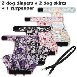 Washable Female Dog Diapers (4 Pack+1 Suspenders), Reusable Female Girl Doggy Doggie Puppy Wraps Panties Belly Band for Pet Heat Period Pooping Peeing Potty Training Incontinence Marking Flower XLarge