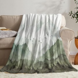 Neasow Watercolor Mountain Forest Fleece Throw Blanket, Nature Misty Foggy Sage Green Tree Landscape Art Nap Blankets Gift Sofa Bed Couch Chair or Dorm Throws 50×60 inches