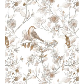 Hopepak Peel and Stick Wallpaper, 17.3''x78.7'' Brown Floral Bird Wall Paper Self Adhesive Removable Contact Paper Waterproof Vinyl Roll for Bedroom Bathroom Decor