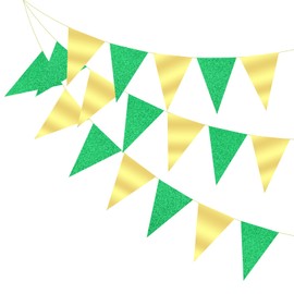 PATIKIL 16.5 ft Pennant Banner Flags, 2Pcs Paper Triangle Flag Bunting Banner Garland Vintage Pennant Flags String for Wedding Birthday Carnival Event Party Decoration, Green/Light Gold