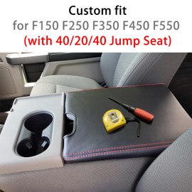 LOCOY Center Console Armrest Cover for Ford F150 Accessories 2015-2024, for F250 F350 F450 2017-2024 with 40/20/40 Jump Seat, Arm Rest Leather Protection Interior, Middle Console Cover (Red Stitches)