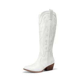 DREAM PAIRS Womens Cowboy Knee High Boots Comfortable Pull On Side Zipper Chunky Heel Embroidered Western Cowgirl Boots Retro Tall Boot,Size 8.5,White,DWUMKB2501
