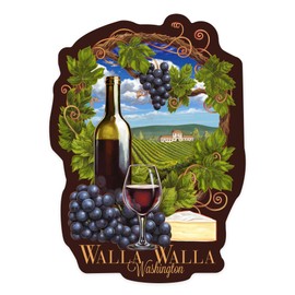 Die Cut Sticker Walla Walla, Washington, Pinot Noir Vineyard Scene, Vinyl Sticker 3 to 6 inches, (Waterproof Decal for Cars, Water Bottles, Laptops, Coolers), Large