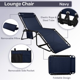 Lavish Home Folding Lounge Chair Outdoor Recliner - 3 Position Chaise Lounge Outdoor Beach Tanning Chair with Side Pocket and Removable Pillow - Portable Patio Furniture for Pool or Lawn (Navy)