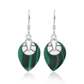Women's Earrings 925 Sterling Silver Genuine Malachite 14.2 Carat Silver Earrings Art Deco, Sterling Silver, Malachite