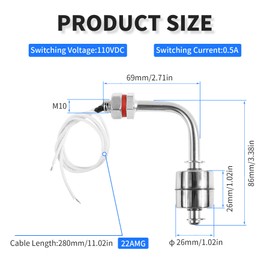 FOCMKEAS Stainless Steel Float Switch Water Level Sensor Side Mounted Water Level Controller Sensor Switch M10 for Smart Toilet Solar Tank Pool Pump Liquid Control Length 95mm Silver