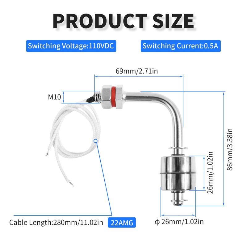 FOCMKEAS Stainless Steel Float Switch Water Level Sensor Side Mounted