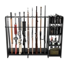 Prometis Gun Storage Racks - Freestanding Floor Wooden Rifle Rack with Pistol Shelves, 9+8 Slots Adjustable Height Storage Solutions and Gun Room Display Stand, Holds up to 9 Long Guns and 8 Handguns