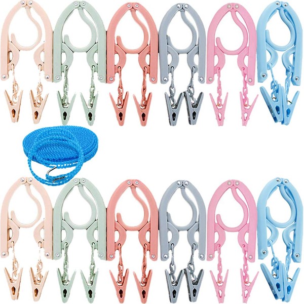 YOUOWO Travel Hangers, Portable Hangers, 12 Pieces, 1 Laundry Rope, Travel Hanger Set, Foldable, For Travel, Business Trips, Laundry, Clothing, Convenient, Lightweight, Travel Supplies, 6 Colors, 24 Pinches Included
