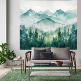 Atrippy Forest Mountain Nature Tapestry, Misty Foggy Sage Green Landscape Tapestries Wall Hanging, Tree Aesthetic for Bedroom Living Room Backdrop Decor 51x60 Inch