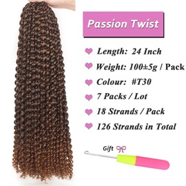 Samtress Water Wave Passion Twist Crochet Braids 24 Inch Ombre Brown Hot Water Setting Braiding Hair 7 Packs Pre looped Bohemian Curly Hair for Butterfly Locs Crochet Braids Hair Extensions (#T30)
