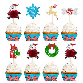 Gyufise 24Pcs Christmas Cupcake Toppers Christmas Deer Snowflake HO HO HO Cupcake Picks 3D Santa Claus Cupcake Toppers for Merry Christmas Theme Holiday Party Decorations Supplies