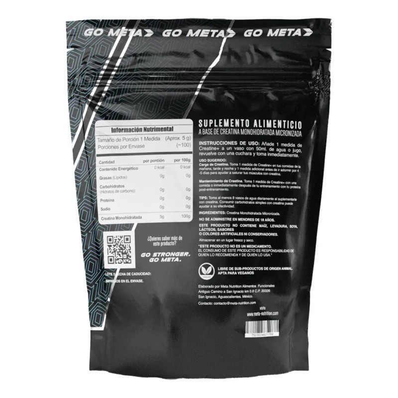 Creatina Monohidratada 500 G Meta Nutrition 100 porciones En Polvo