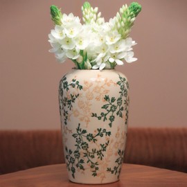 ZHIPINHUI 8.5" Hand-Painted Ceramic Medium Vase – Green Botanicals & Yellow Florals, Crackle Glaze & Antique Patina Rim,Chinese-Inspired Artistry