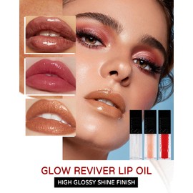 Glow Reviver Lip Oil, 3 Pieces, Non-Sticky, Shiny Lip Gloss for Full-Like Lips, Hydrating Lip Care Tinted Lip Oil, Shimmer Liquid Lipstick Gift Set for Women's Day, Mother's Day