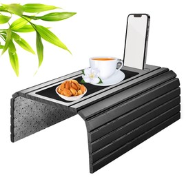 URCheers Sofa Tray, Non-Slip Wooden Bamboo Drink Holder Armrest with Pad, Drink Holder in Black, Couch Tray, Flexible Couch Drink Holder for Armrests