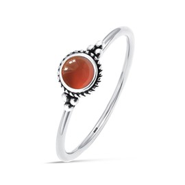 Mini Natural Red Onyx Stone Ring,Retro Sterling Silver Tiny Real Crystal Stacking Thin Ring,Antique Cute Dainty Small Round Gemstone Ring Jewelry for Women (B08_Red Onyx, 10)