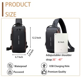 PEAGLOB Travel Sling Bag Waterproof Crossbody Bag with Combination Lock Anti-Theft PU Leather Chest Bag with USB Charging Hole Shoulder Backpack Motorcycle Bags Black-gold