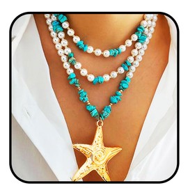 Flimire Big Starfish Layered Pendant Necklace for Women Turquoise Pearl Wrap Necklace Jewelry Boho Long Necklace Chain (Gold)
