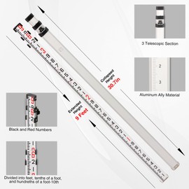 Fancyall 9-Foot Aluminum Grade Rod, 10ths, 3 Sections Telescopic Leveling Rod Bubble Level, Dual Side Measuring Rod with Carrying Bag for Houses, Walls, Floors and Leveling Applications