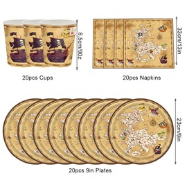BlinBlin Pirate Party Tableware Set Made of Paper, Pirate Tableware Set, Plates, Paper Napkin, Paper Cups, with Pirate Flag Pattern, Pirate Children's Birthday Decoration Tableware Set, for 20 Guests