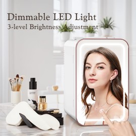 YLFU Skincare Fridge, 6L/10 Can Small Mini Fridge for Bedroom with 3-Level Dimmable LED Mirror for Makeup Cosmetics, Cooler & Warmer Personal Refrigerator for Drink Office Dorm and Food, Pink Gold