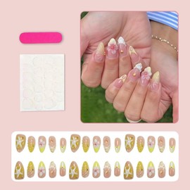 Handmade Press on Nails Medium Almond Fake Nails with 5D Water Ripples Starfish Design Gold Rhinestone False Nails French Tip Ocean Glue on Nails Glossy Ombre Yellow Nails for Women Manicure 30Pcs