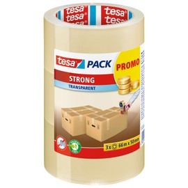 tesa Pack Strong - Low Noise Parcel Tape for Packaging Parcels and Shipping Boxes - Transparent - 3 Rolls of 66 m Each - 50 mm