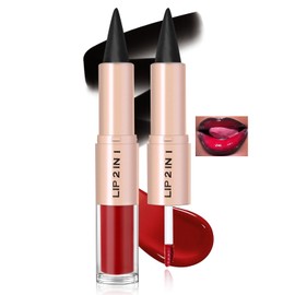 HOSAILY Lip Combo – 2 in 1 Dual-Ended Lip Liner Lipstick & Gloss Kit, Black Red Cherry Juicy Lip Mirror Effect, Velvet Matte Lip Liner Smooth Buildable Glass Quick Fuller Lip Plumping Set for Women02#
