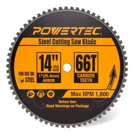 POWERTEC 14" Cold Saw Blade, 66T, 1" Arbor, Steel Cutting Saw Blade, TCG Cemented Carbide Teeth - Cuts Steel and Ferrous Metal - 1600 Max RPM Thin Kerf Chop Saw Blade - 1 PK (14014)