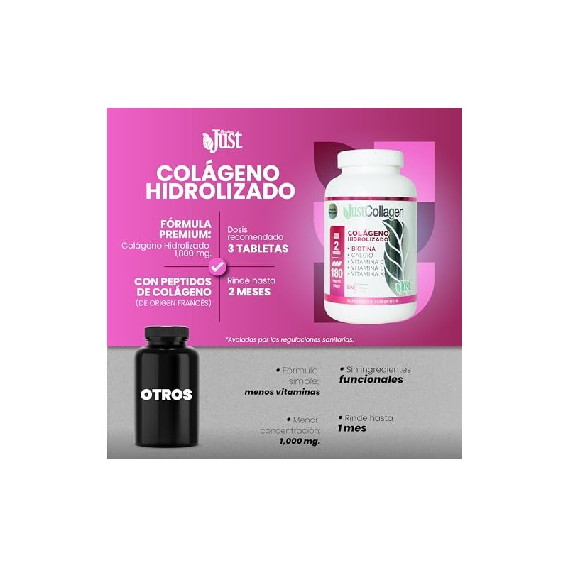 Colágeno Hidrolizado Fórmula Premium 180 Tabletas Sin Azúcar, Sin Grasas,