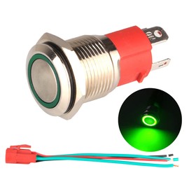 GUUZI 12V-24V/15A Momentary Push Button, NO Waterproof Green LED Illuminated 16 mm Metal Power Start Push Button with Socket Cable