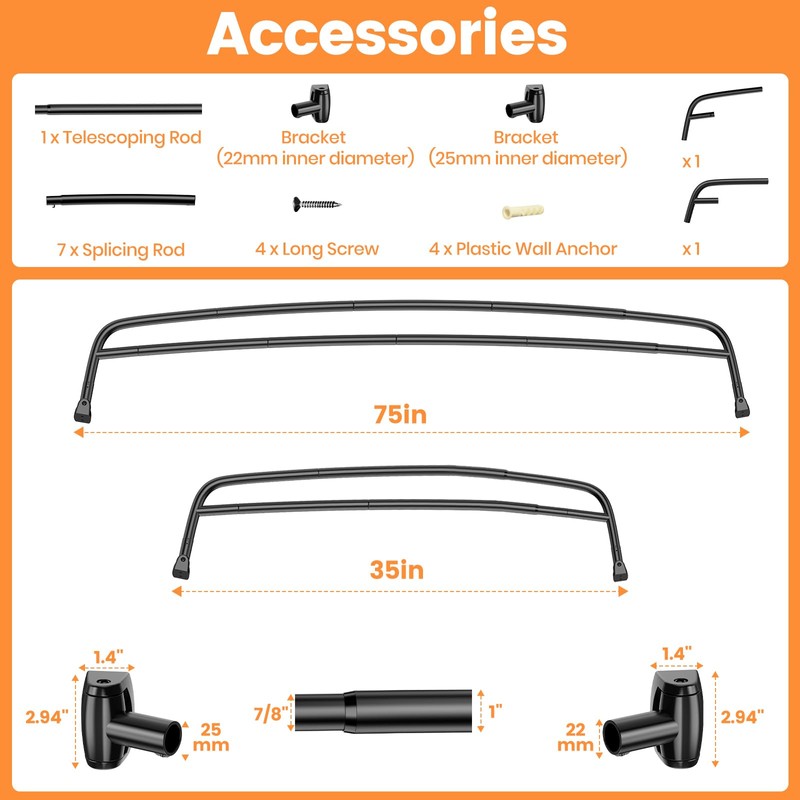 Haryaers Double Curved Shower Curtain Rod, Matte Black Adjustable 37-78