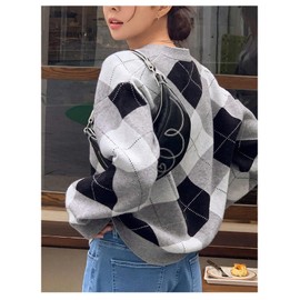 SHENHE Women's Argyle Sweater Button Down V Neck Plaid Cardigan Sweater Outerwear Grey Medium