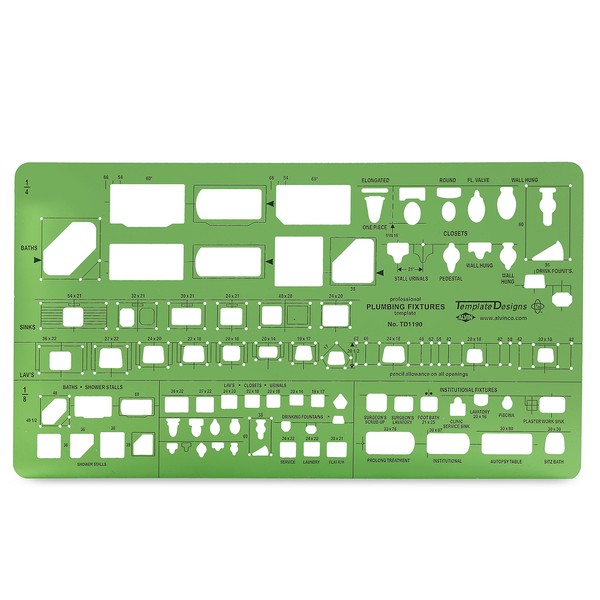 Alvin, TD1190, Plumbing Fixtures Template, Drawing/Drafting Tool - 0.125" x