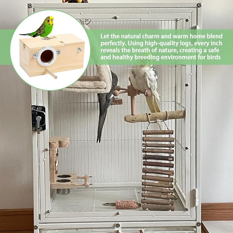 Natural Wood Parakeet Nesting Box Bird Breeding House with Detachable