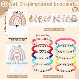 Landical 20 Set Back to School Student Gifts from Teachers Motivational Bracelets Clay Beaded Rainbow Bracelet Inspirational Quotes Card Bulk Camp Gifts for Students First Day of School Employee