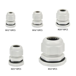 DODUOS 44-Piece Cable Gland Set IP68 Waterproof Closure Cable Screw Connection, Adjustable Cable Grommet M12, M16, M20, M25, M32 - Nylon Plastic, White