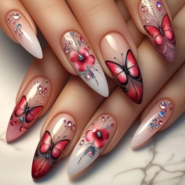 Press on Nails Long Almond Fake Nails with Pink and Red Butterfly Flowers Design Full Cover False Nails for Women Manicure 24 Pcs (Red-17, L-17)