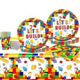 Building Block Party Tableware Set 61Pcs,Party Dinnerware Set for Kid's Birthday,Blocks Party Plates Cups Serviettes and Table Cloth,Party Decorations for Baby Shower,Birthday,for 20 Guests