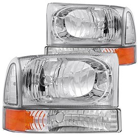 HEADLIGHTSDEPOT Chrome Housing Halogen Headlights Compatible with Ford Excursion F-250 Super Duty F-350 Super Duty 1999-2004 Includes Left Driver and Right Passenger Side Headlamps