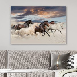 NWT Canvas Print Wall Art Brown & White Horse Group at Sunset Animals Wildlife Photography Modern Art Southwest Scenic Relax/Calm Warm for Living Room, Bedroom, Office - 32"x48"