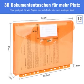 Pack of 12 A4 Document Wallets, Premium Transparent Three-Dimensional Document Folder with Press Stud Folder Bag with 11 Hole Edge, 6 Colours and Label Pocket for Documents Organising