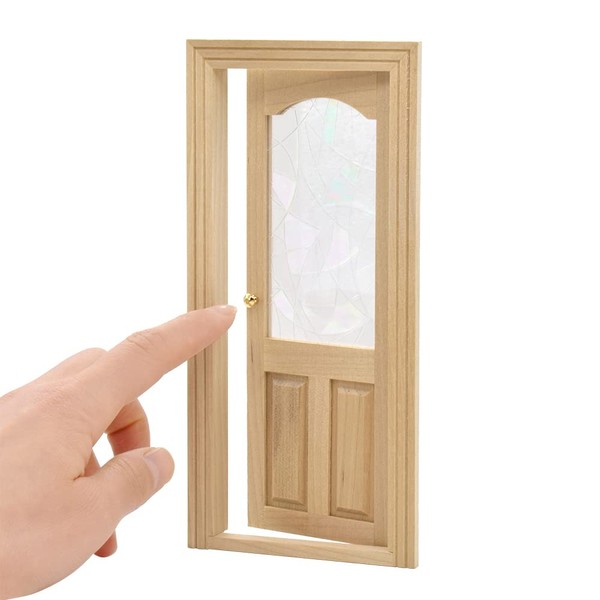 iLAND Dollhouse Door on 1:12 Scale, Miniature Door w/ 3D Windowpanes Reflecting Rainbow Light & Handles