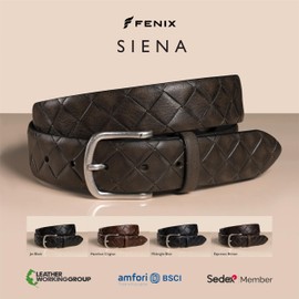 FENIX Men's Adjustable Leather Belt Siena Size 85 cm to 110 cm Vintage Silver Clasp 35 mm Wide Belt Made of Full Cowhide Leather with Braided Embossing, Moss Mocha, 115