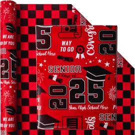 Vnaaem Reversible Graduation Wrapping Paper Roll for Class of 2025 - Red & Black Gift Wrap with "WAY TO GO" "Congrats"Toga Cap & Plaid Design for Graguation Party Supplies, Ceremony Celebration(Total 28.5sq.ft)