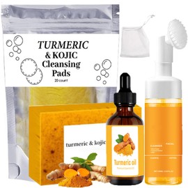 Turmeric Wash and Care 4 Piece Set - Lemon Turmeric Kojic Soap Bar & Cleansing Pads & Face Wash & Essential Oil, Jabon de Curcuma, Deep Cleansing Exfoliating Scrub Pads for Face & Body (A)