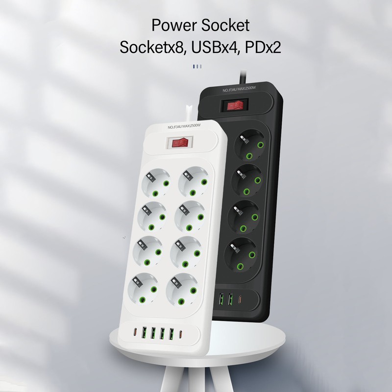 8 Way Power Strip USB C European Socket Desk Wall