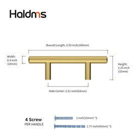 Haidms 10 Pack Brushed Brass Kitchen Cabinet Pulls, 2-1/2 Inch Hole Centers Cabinet Hardware Euro T Bar Handles Dresser Pulls