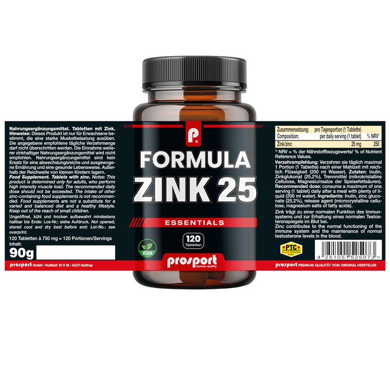 Prosport Formula Zinc 25 Vegan 120 Zinc Tablets 25 mg